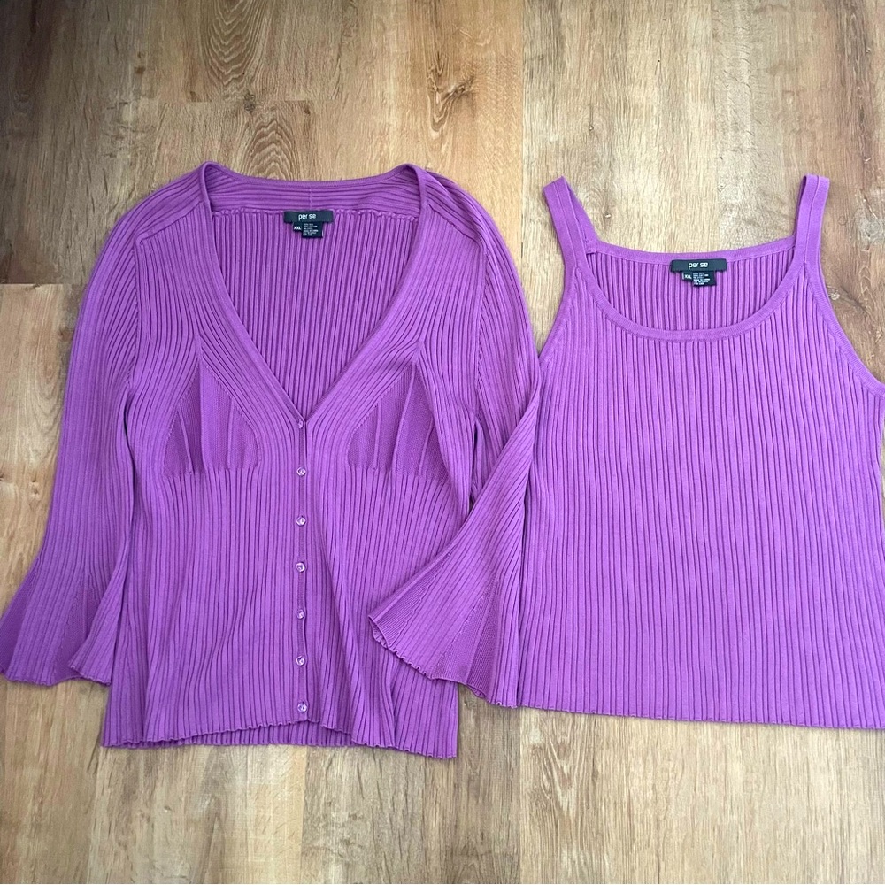 Per Se by Carlisle 2PC Silk Blend Ribbed Long Sleeves Sweater Cardigan Tank Set